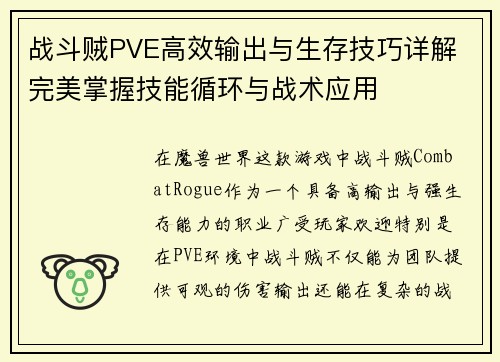 战斗贼PVE高效输出与生存技巧详解 完美掌握技能循环与战术应用